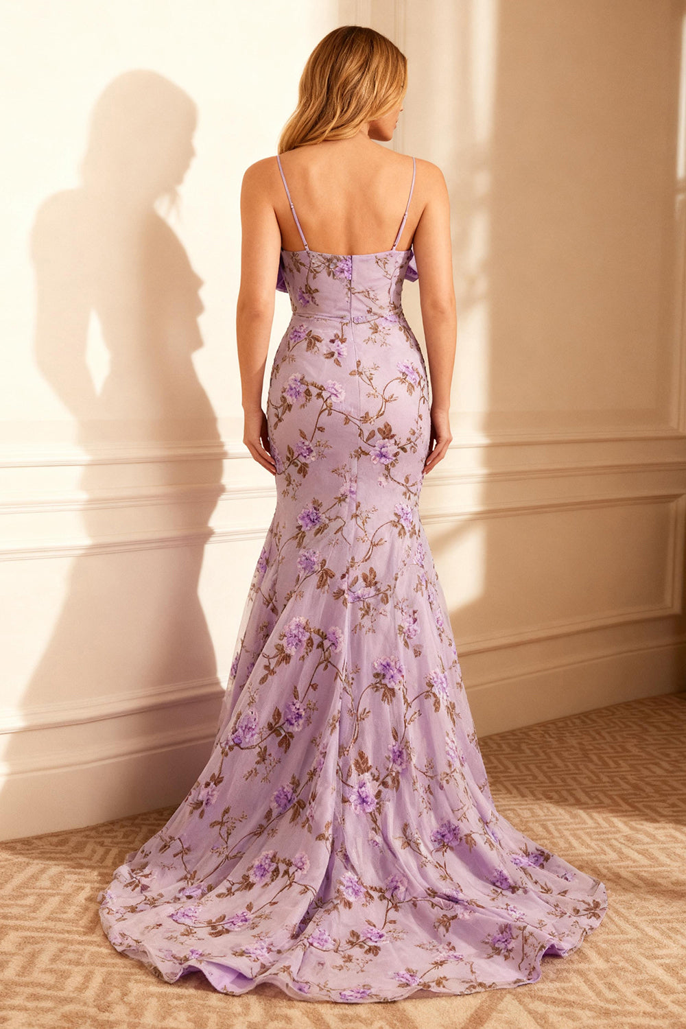 Elegant Purple Mermaid Tulle Long Floral Prom Dress with Bow
