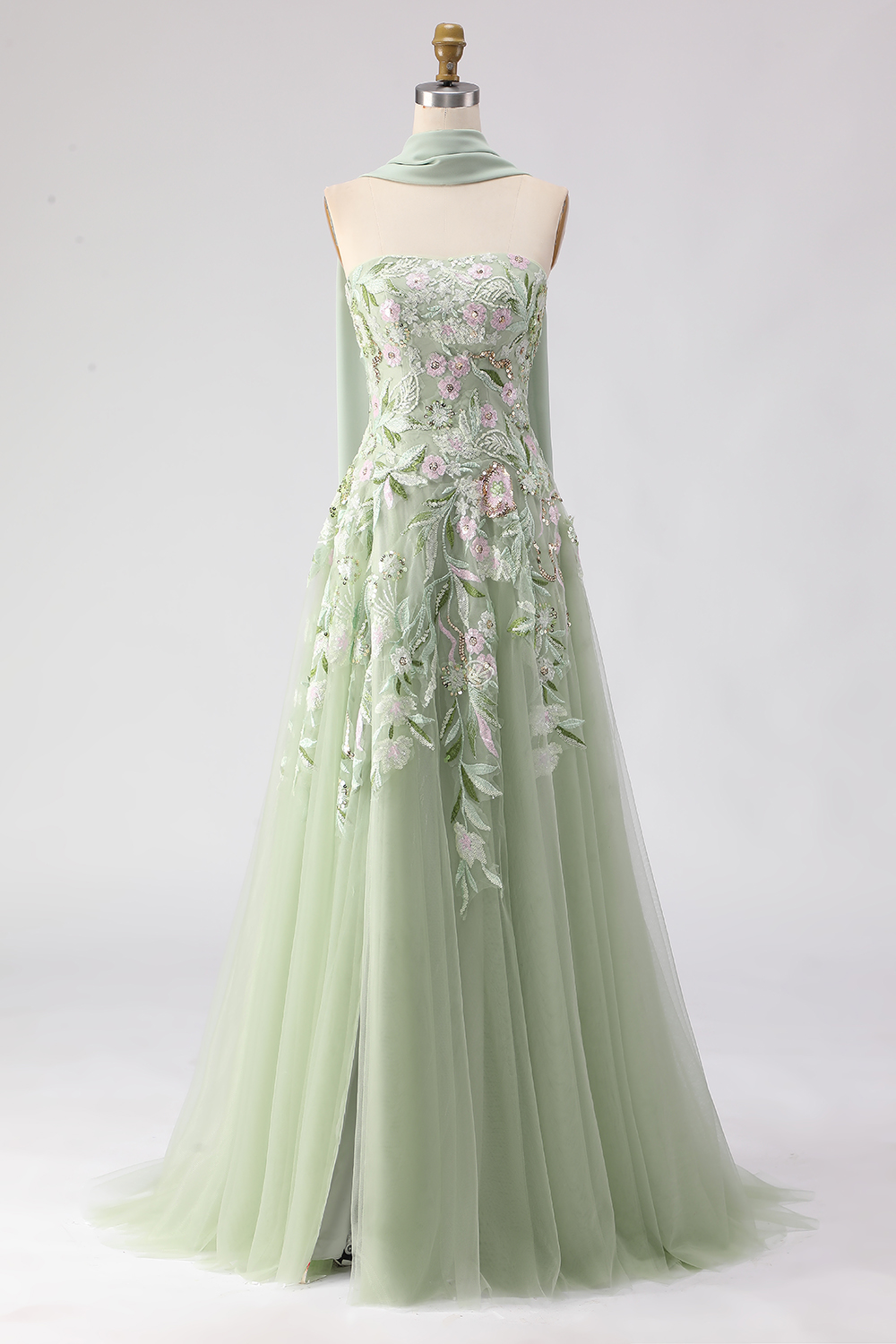 Floral Dusty Sage Tulle Neck Scarf A-Line Long Prom Dress with Slit