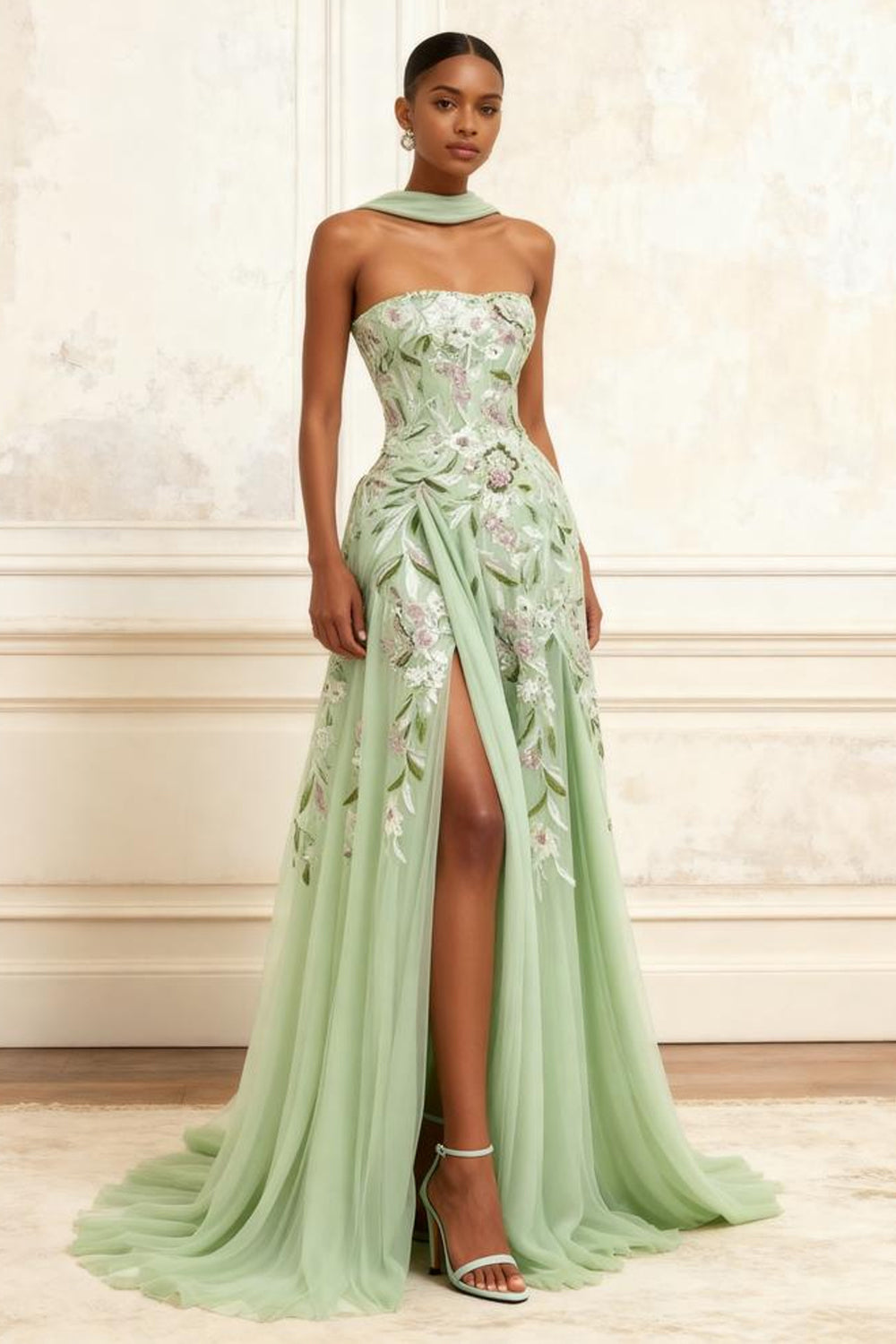Floral Dusty Sage Neck Scarf A-Line Long Tulle Prom Dress with Slit