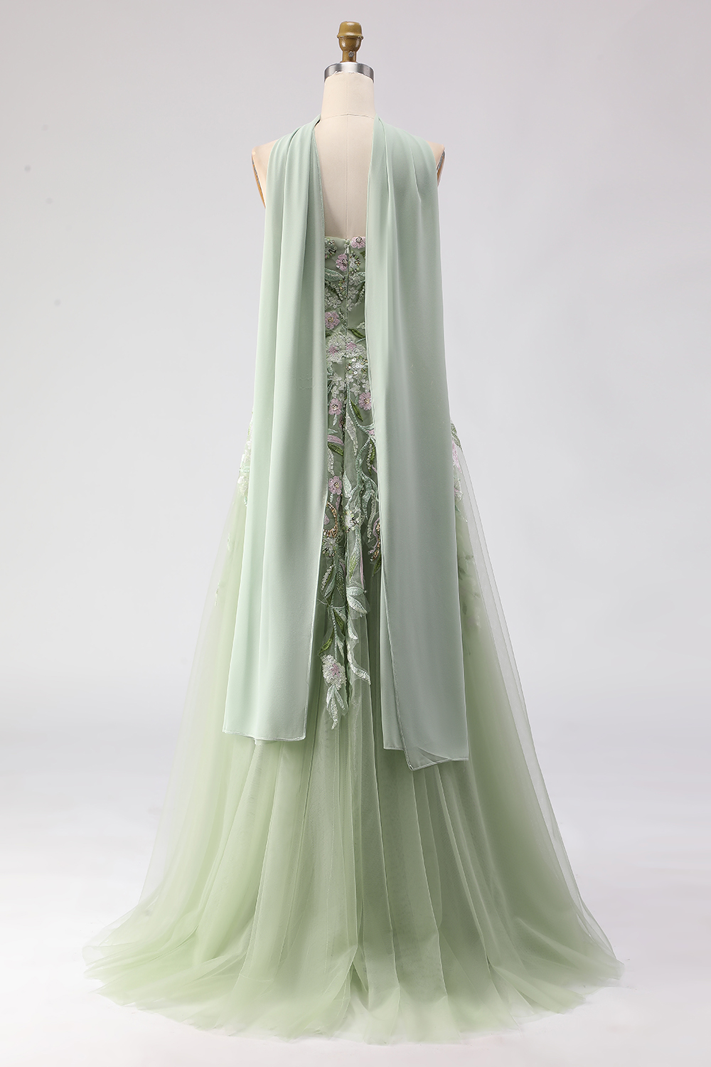 Floral Dusty Sage Tulle Neck Scarf A-Line Long Prom Dress with Slit
