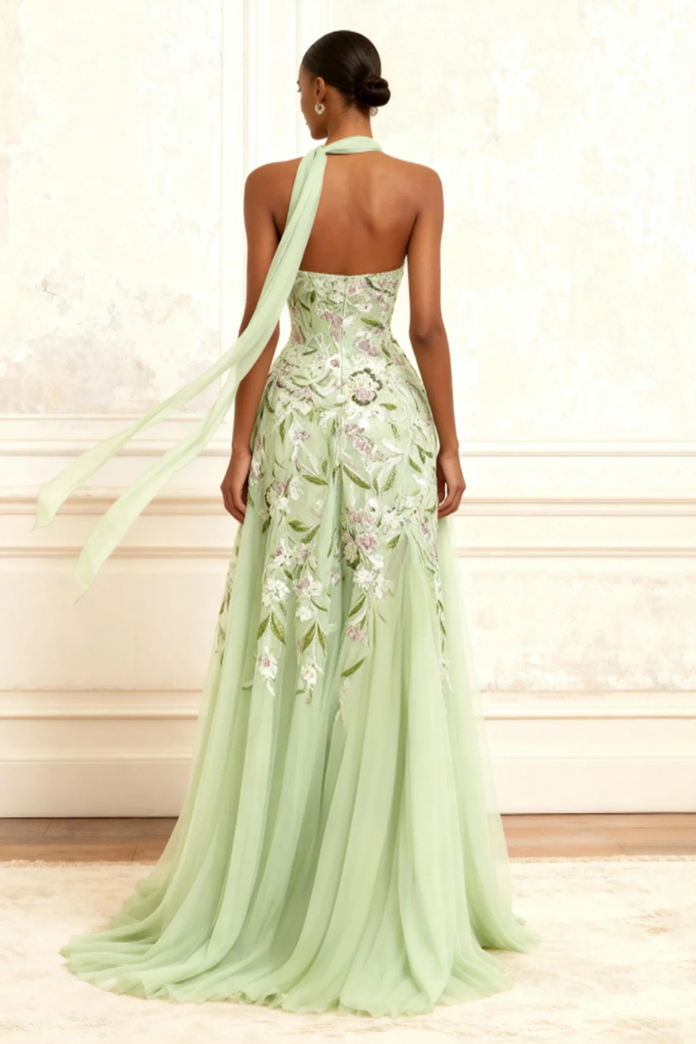 Floral Dusty Sage Neck Scarf A-Line Long Tulle Prom Dress with Slit