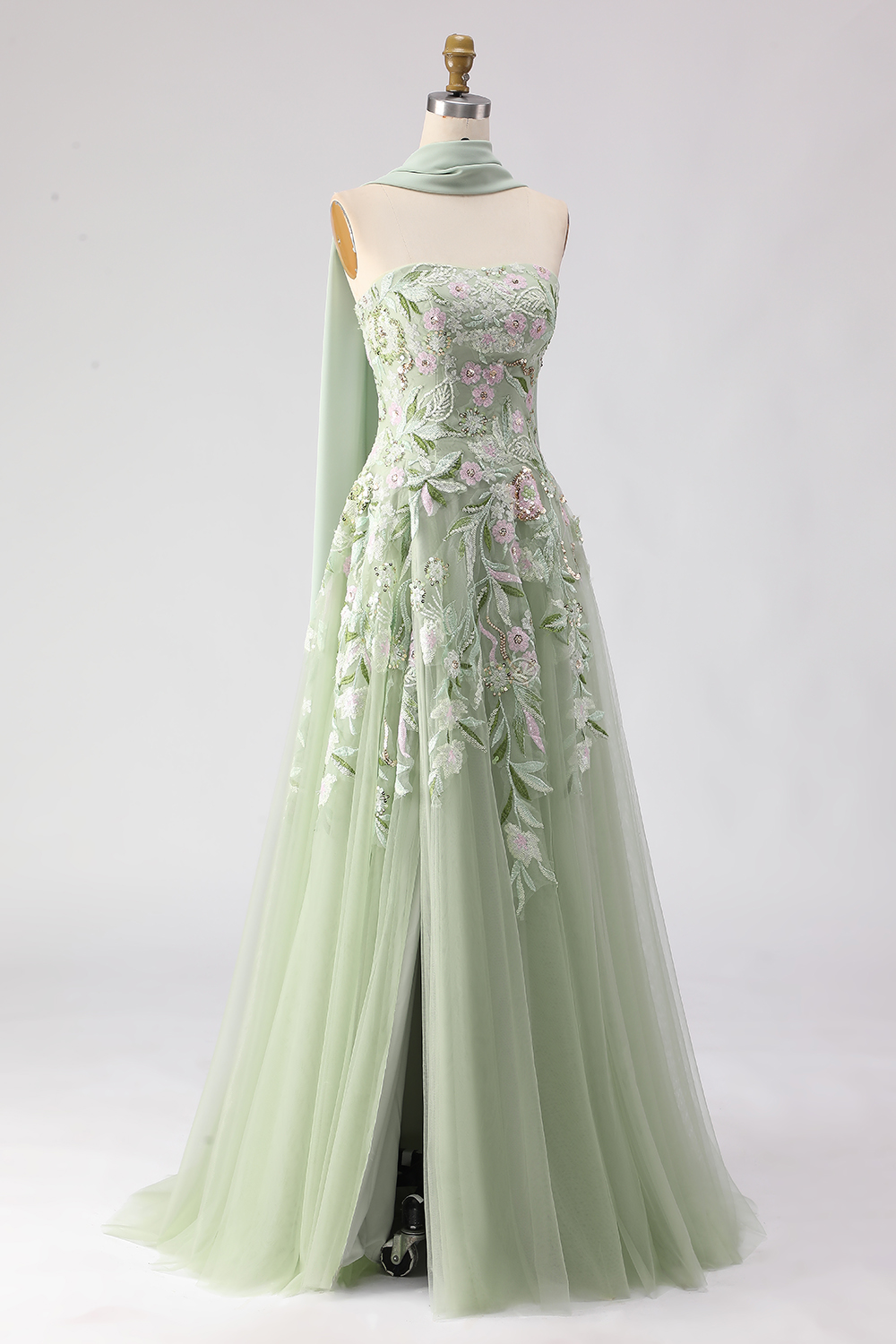 Floral Dusty Sage Tulle Neck Scarf A-Line Long Prom Dress with Slit