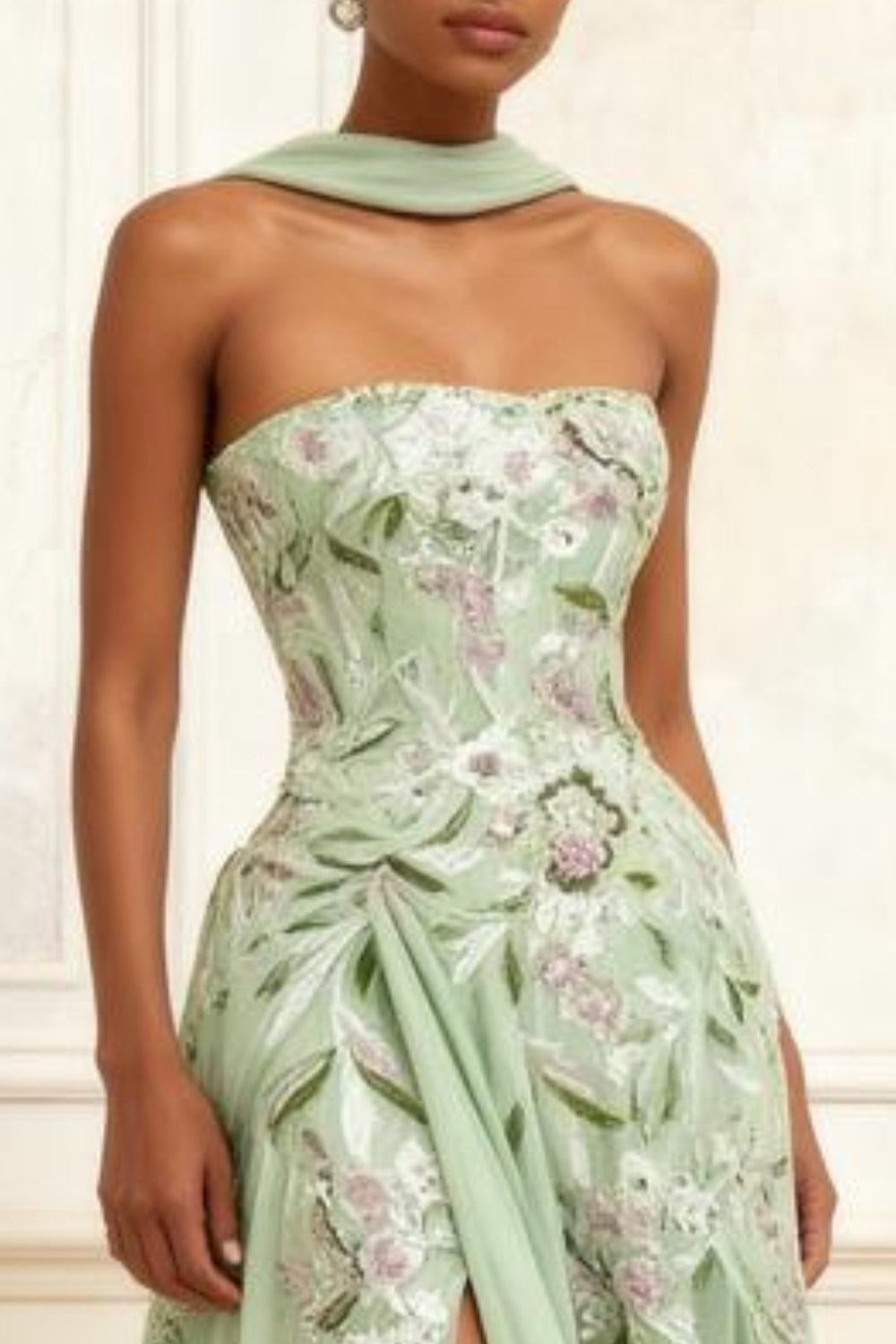 Floral Dusty Sage Neck Scarf A-Line Long Tulle Prom Dress with Slit