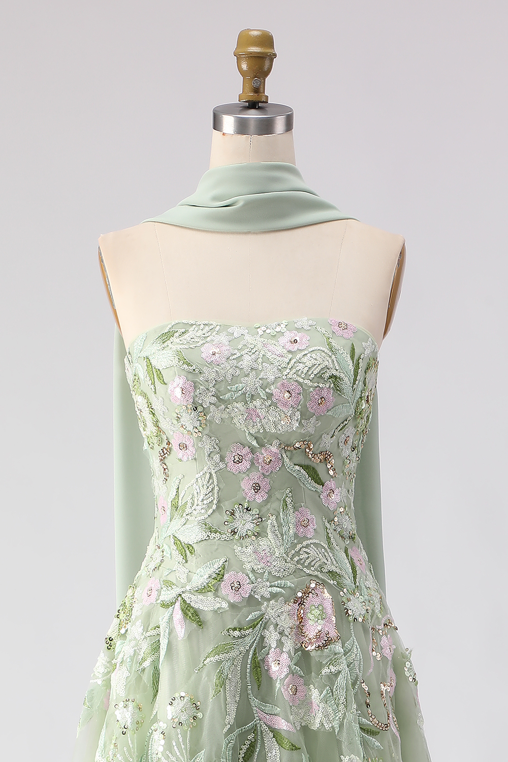 Floral Dusty Sage Tulle Neck Scarf A-Line Long Prom Dress with Slit