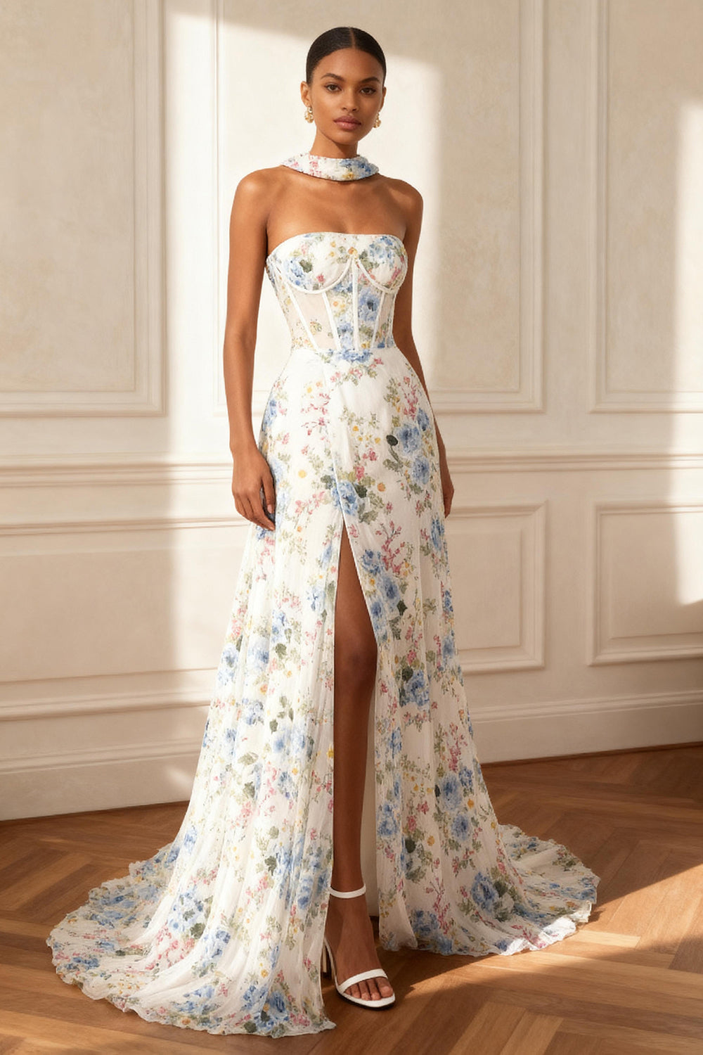 Elegant White A-Line Neck Scarf Corset Long Floral Prom Dress with Slit