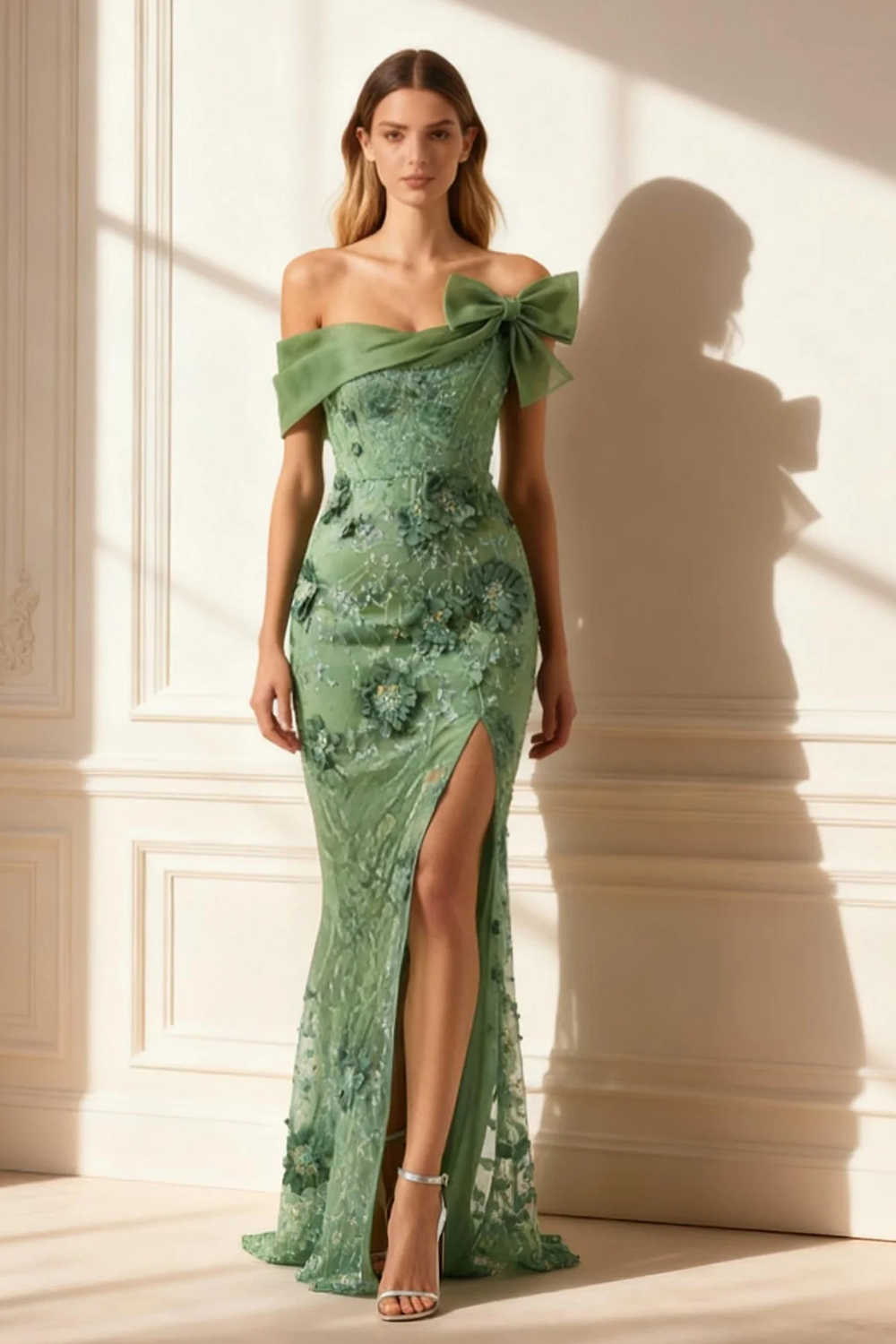 Floral Eucalyptus Mermaid Bowknot Off the Shoulder Long Prom Dress with Slit