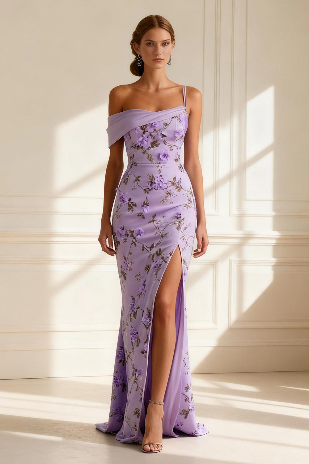 Floral Purple Mermaid Asymmetrical Neck Long Prom Dress with Slit