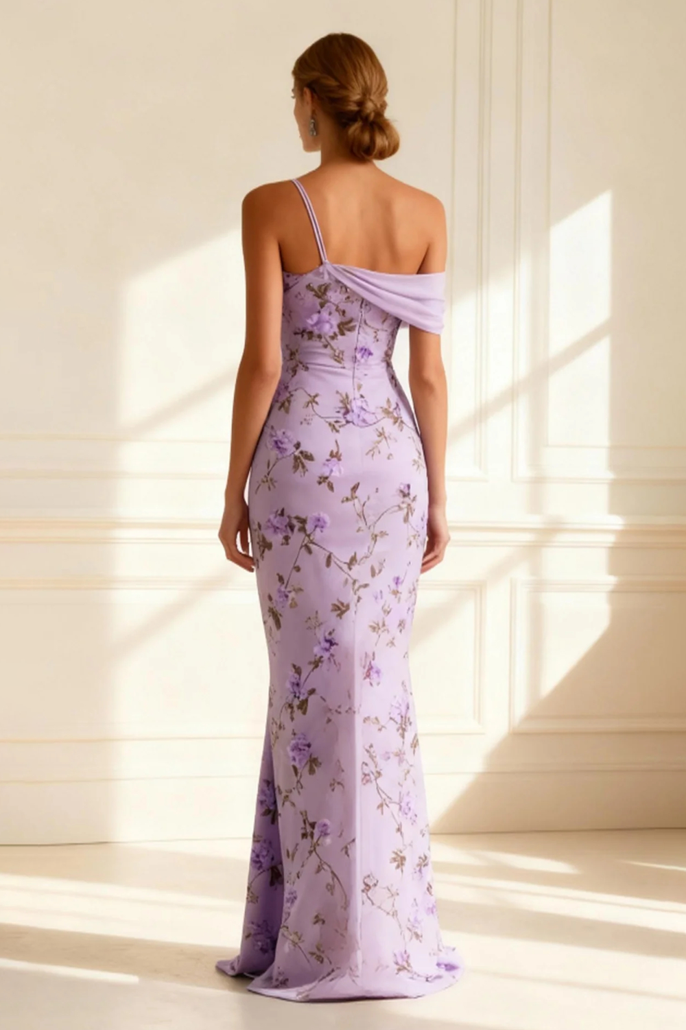 Floral Purple Mermaid Asymmetrical Neck Long Prom Dress with Slit