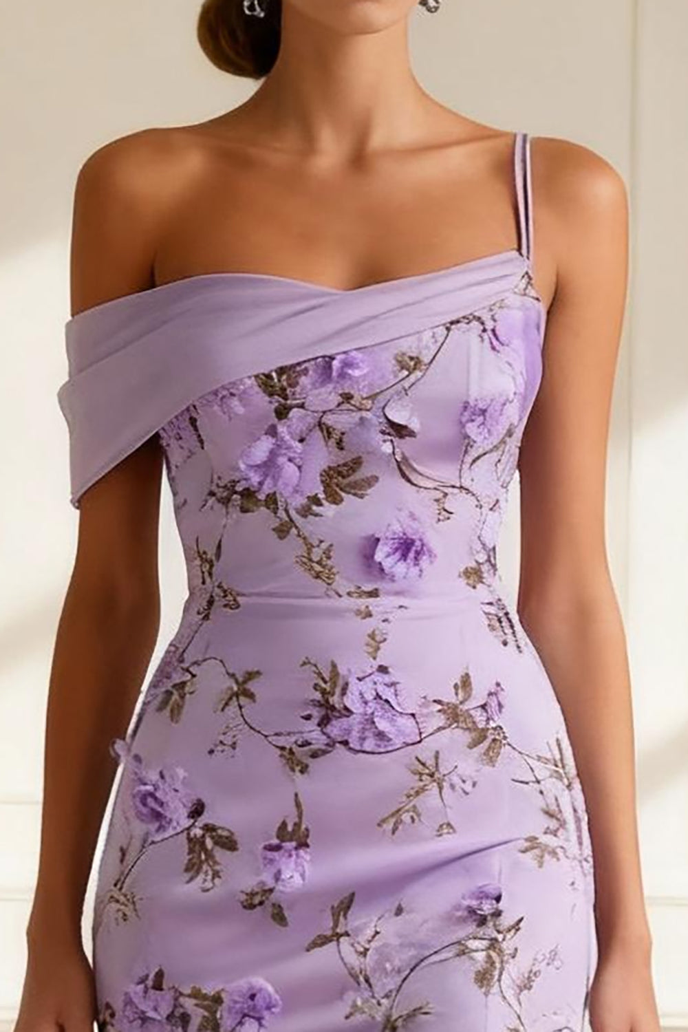 Floral Purple Mermaid Asymmetrical Neck Long Prom Dress with Slit