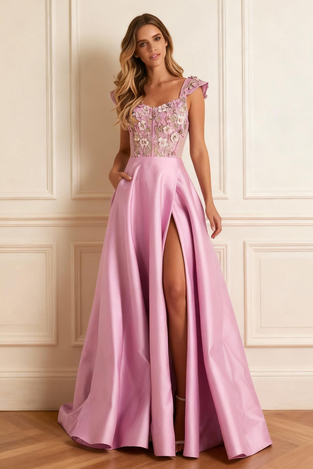 Floral Candy Pink A-Line Corset Long Satin Prom Dress with Slit