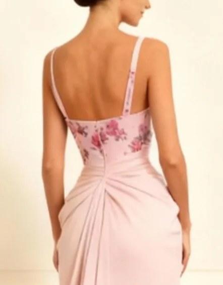 Floral Dusty Rose Sheath Ruched Long Satin Prom Dress with Slit