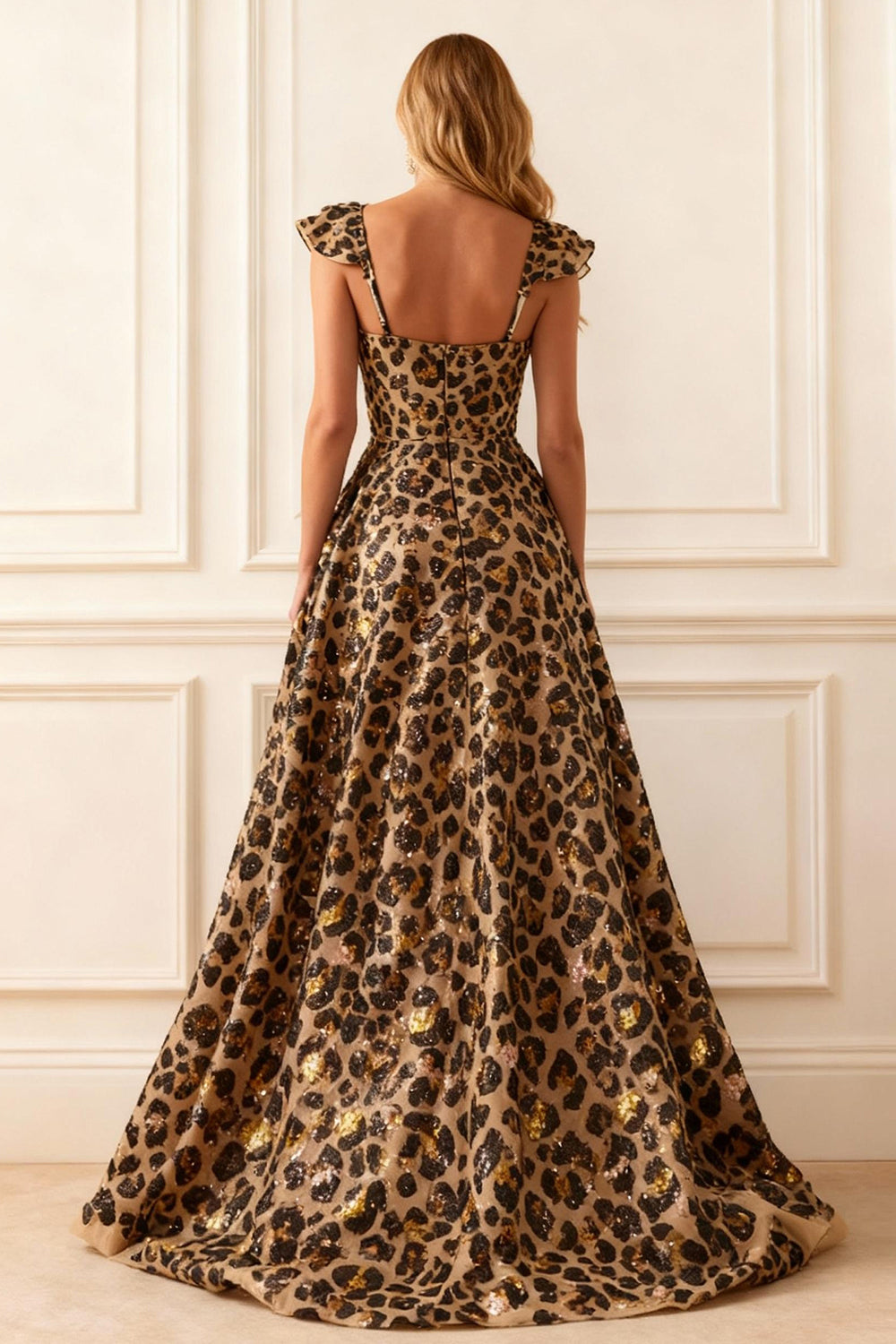 Sparkly Khaki Leopard Print A-Line Ruffled Long Corset Prom Dress with Slit