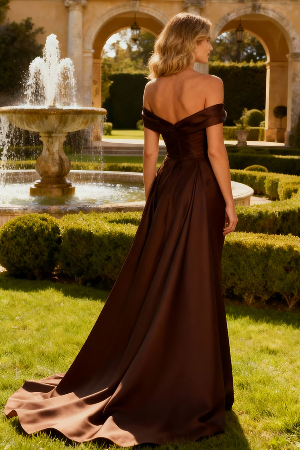 Elegant Brown Off the Shoulder Mermaid Long Satin Formal Dress with Cape