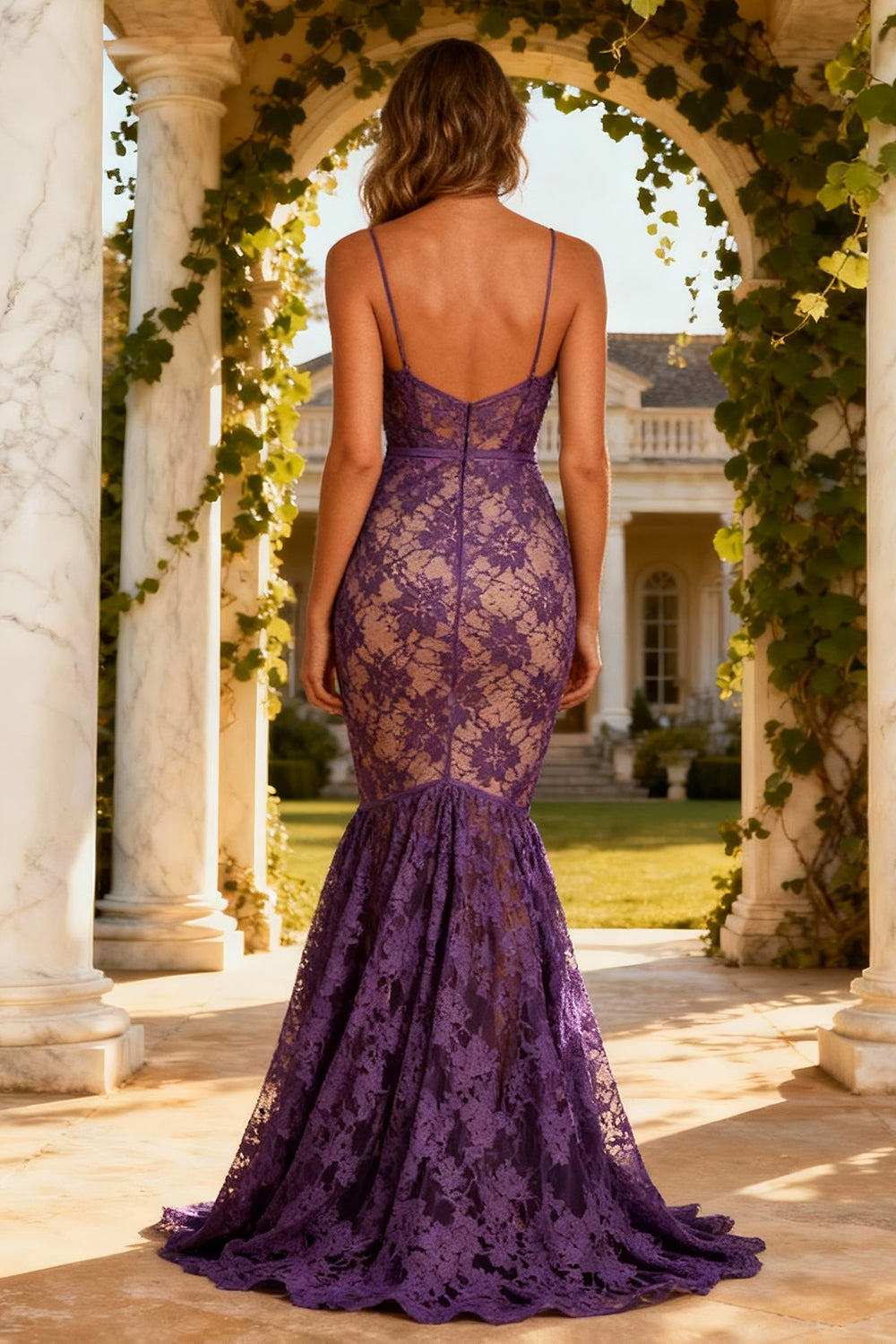 Elegant Purple Lace Spaghetti Straps Long Mermaid Prom Dress