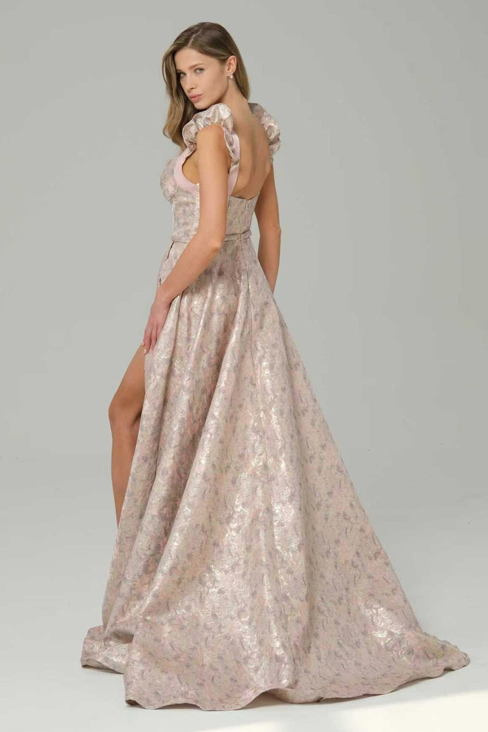 Pink A Line Corset Long Floral Prom Dress with Slit