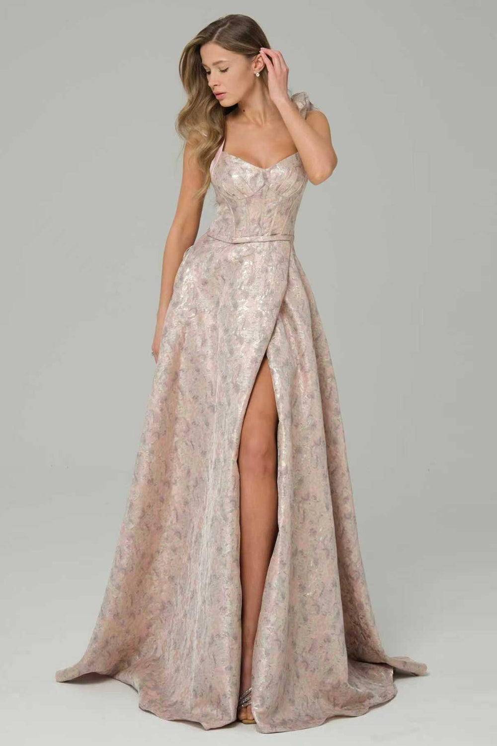 Pink A Line Corset Long Floral Prom Dress with Slit