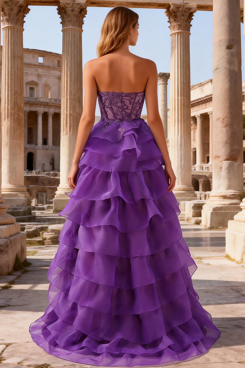 Purple A Line Sweetheart Tiered Long Corset Prom Dress with Slit