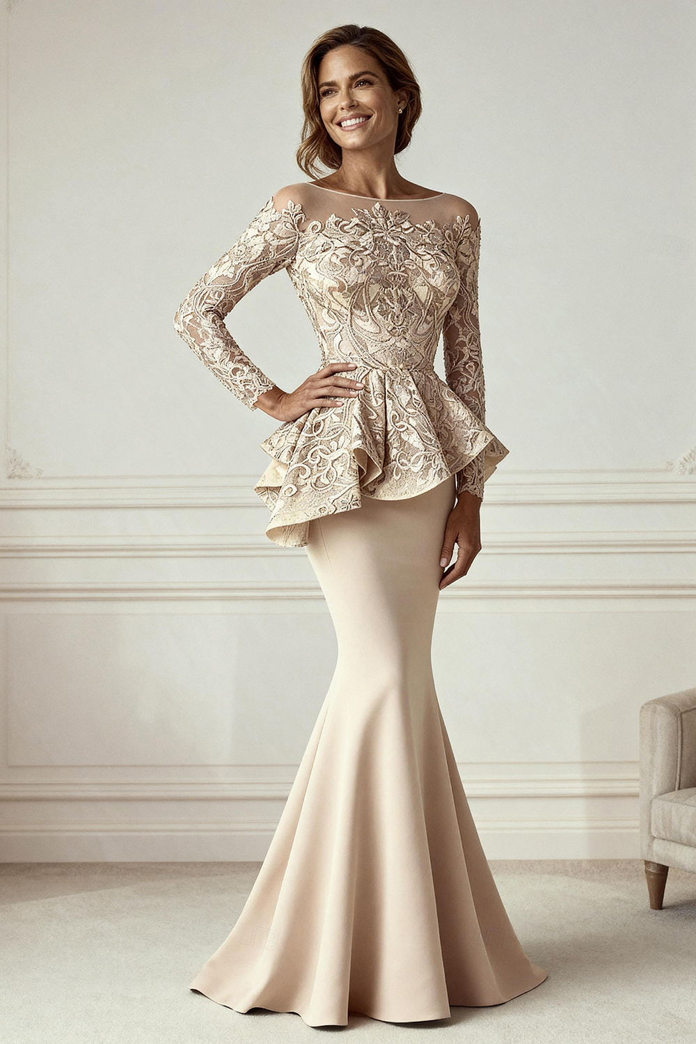 Champagne Mermaid Ruffled Floor-Length Mother of the Bride Dress with Lace