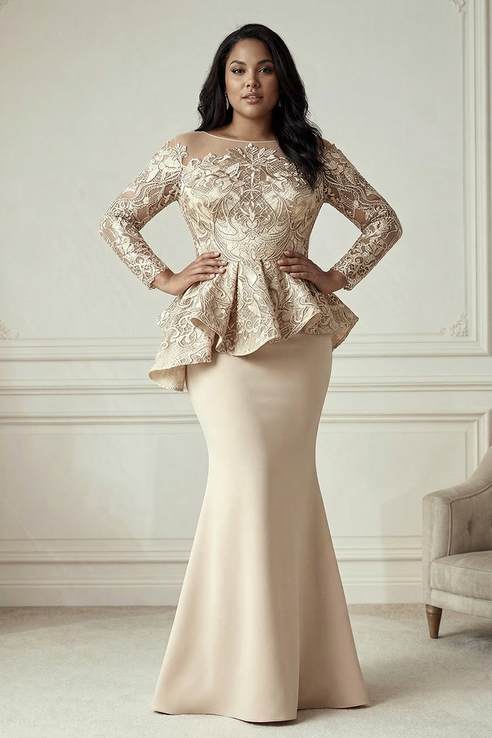 Elegant Champagne Mermaid Floor-Length Mother of the Bride Dress with Ruffles