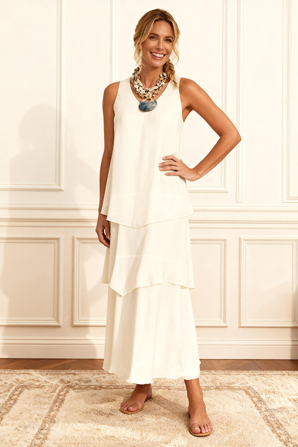 White Tiered Thick Straps Ankle-Length Mother of the Bride Dress with Ruffles
