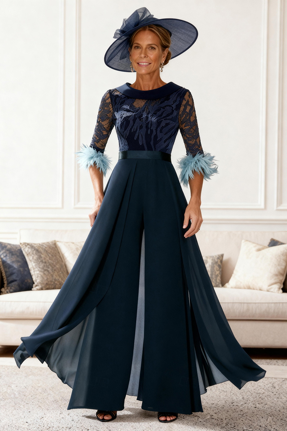 Dark Navy Lace Chiffon Mother of the Bride Jumpsuits with Cape