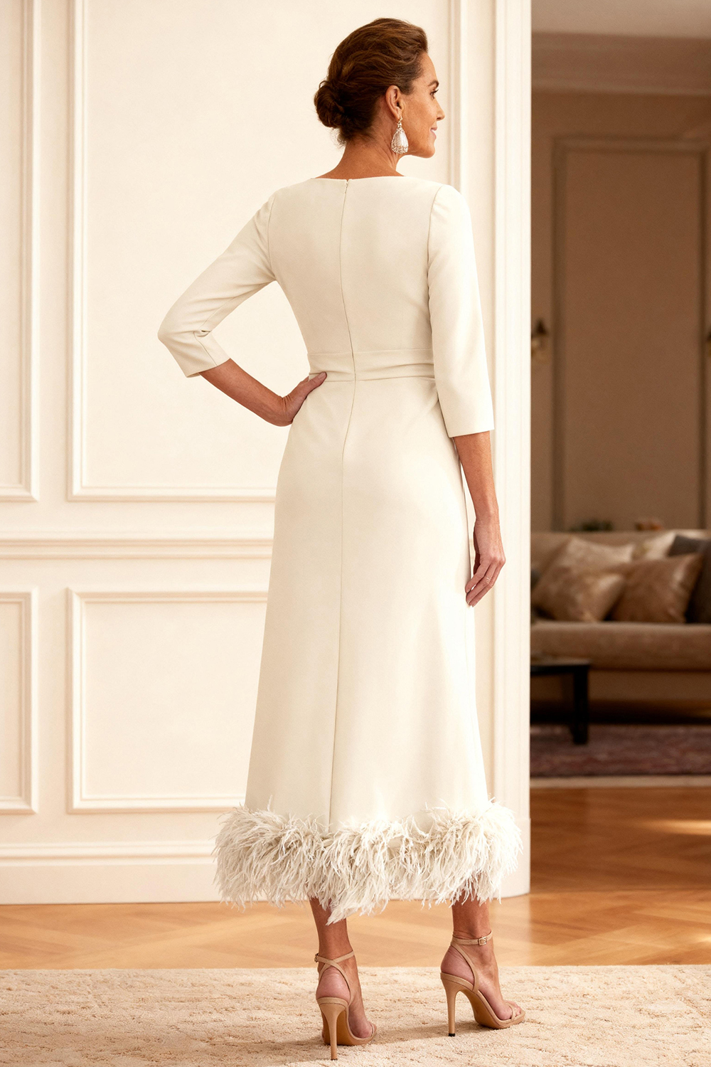 Ivory Ruched Sheath Ankle-Length Mother of the Bride Dress with Feathers