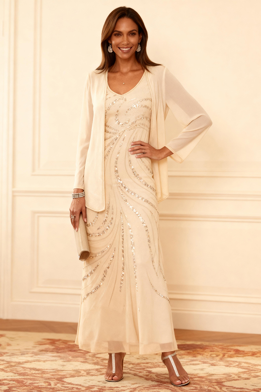 Sparkly Champagne Sequins 2 Piece Ankle-Length Mother of the Bride Dress with Jacket