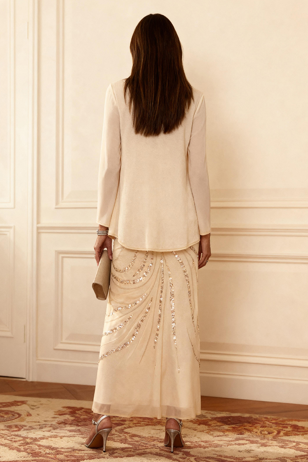 Sparkly Champagne Sequins 2 Piece Ankle-Length Mother of the Bride Dress with Jacket