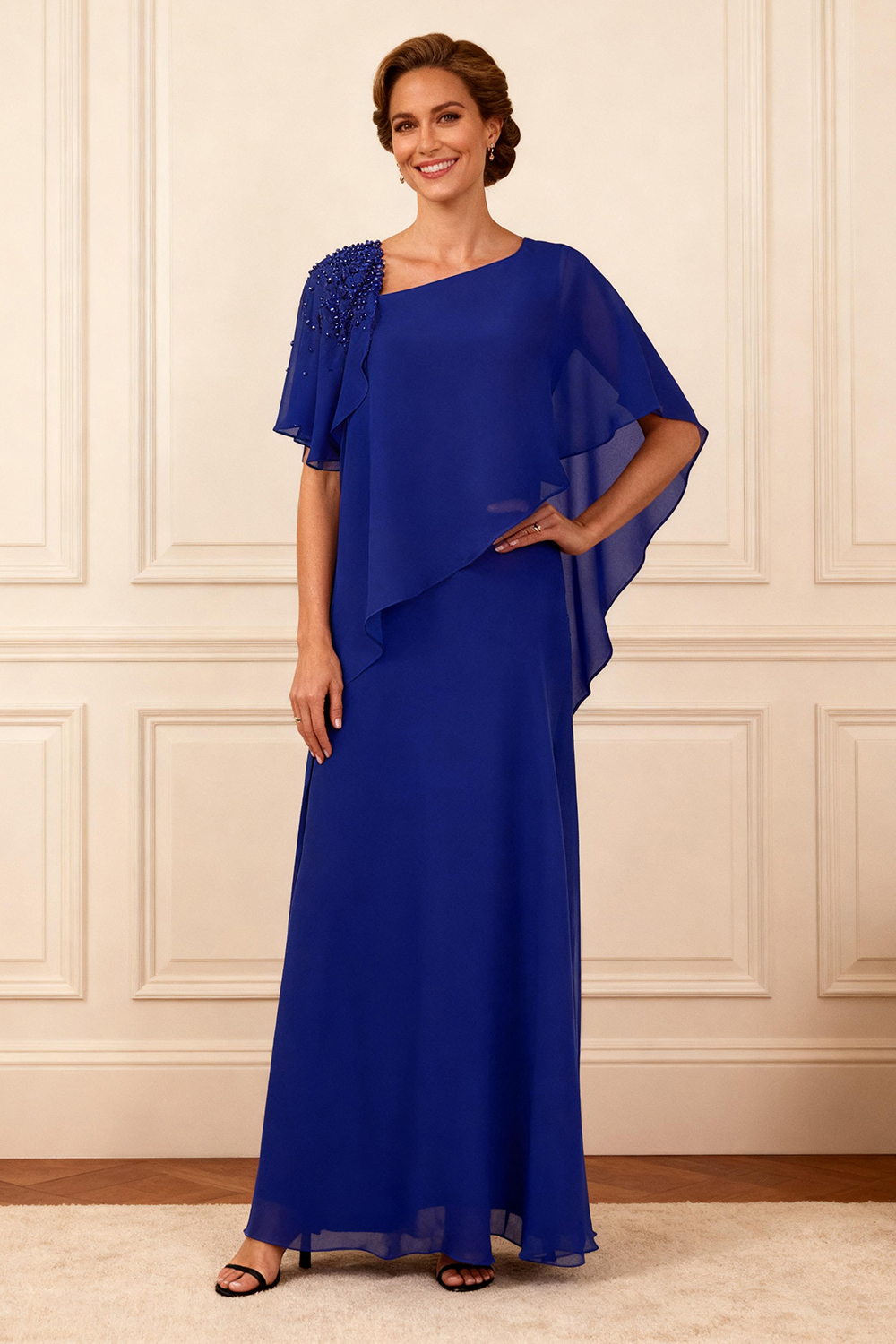 Sparkly Royal Blue Ruffled Sheath Floor-Length Mother of the Bride Dress with Side Cape