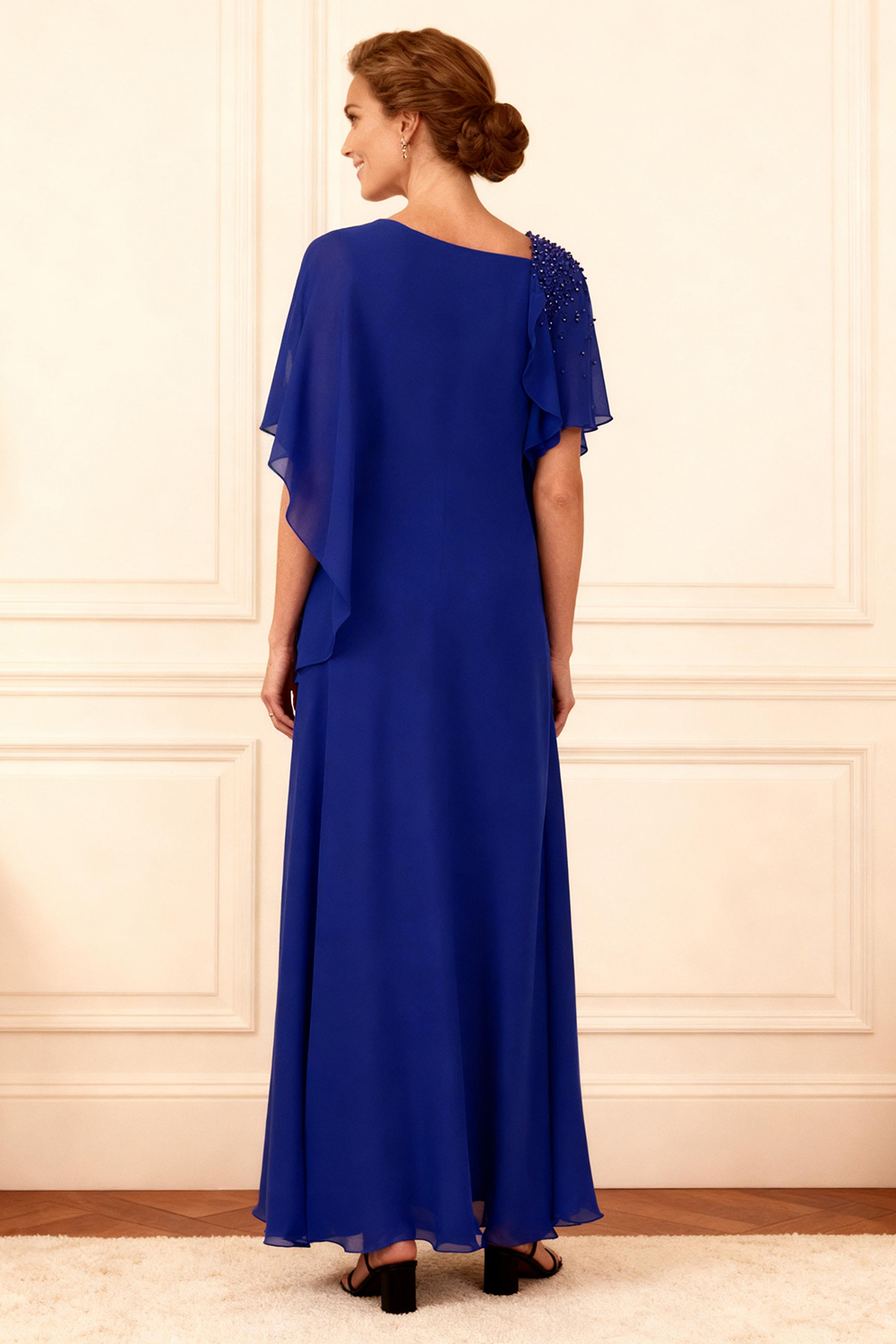Sparkly Royal Blue Ruffled Sheath Floor-Length Mother of the Bride Dress with Side Cape