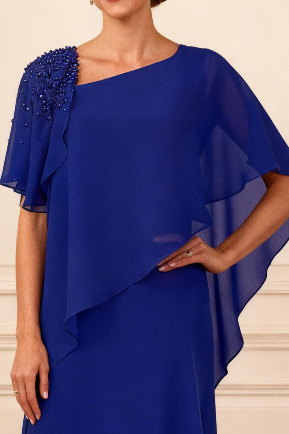 Sparkly Royal Blue Ruffled Sheath Floor-Length Mother of the Bride Dress with Side Cape