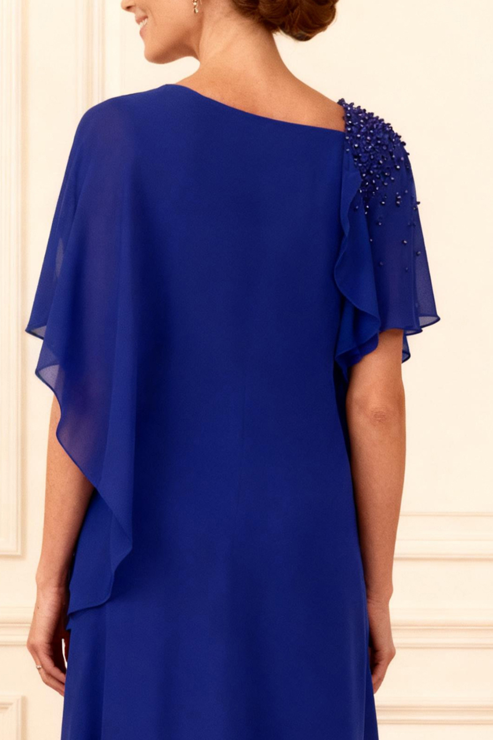 Sparkly Royal Blue Ruffled Sheath Floor-Length Mother of the Bride Dress with Side Cape