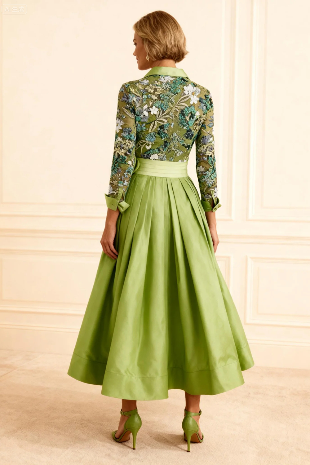 Dusty Sage Floral A Line Lapel Tea-Length Mother of the Bride Dress with Lace