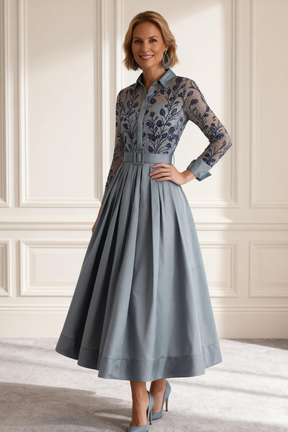 Light Grey A Line Lapel Ruffled Ankle-Length Mother of the Bride Dress with Lace