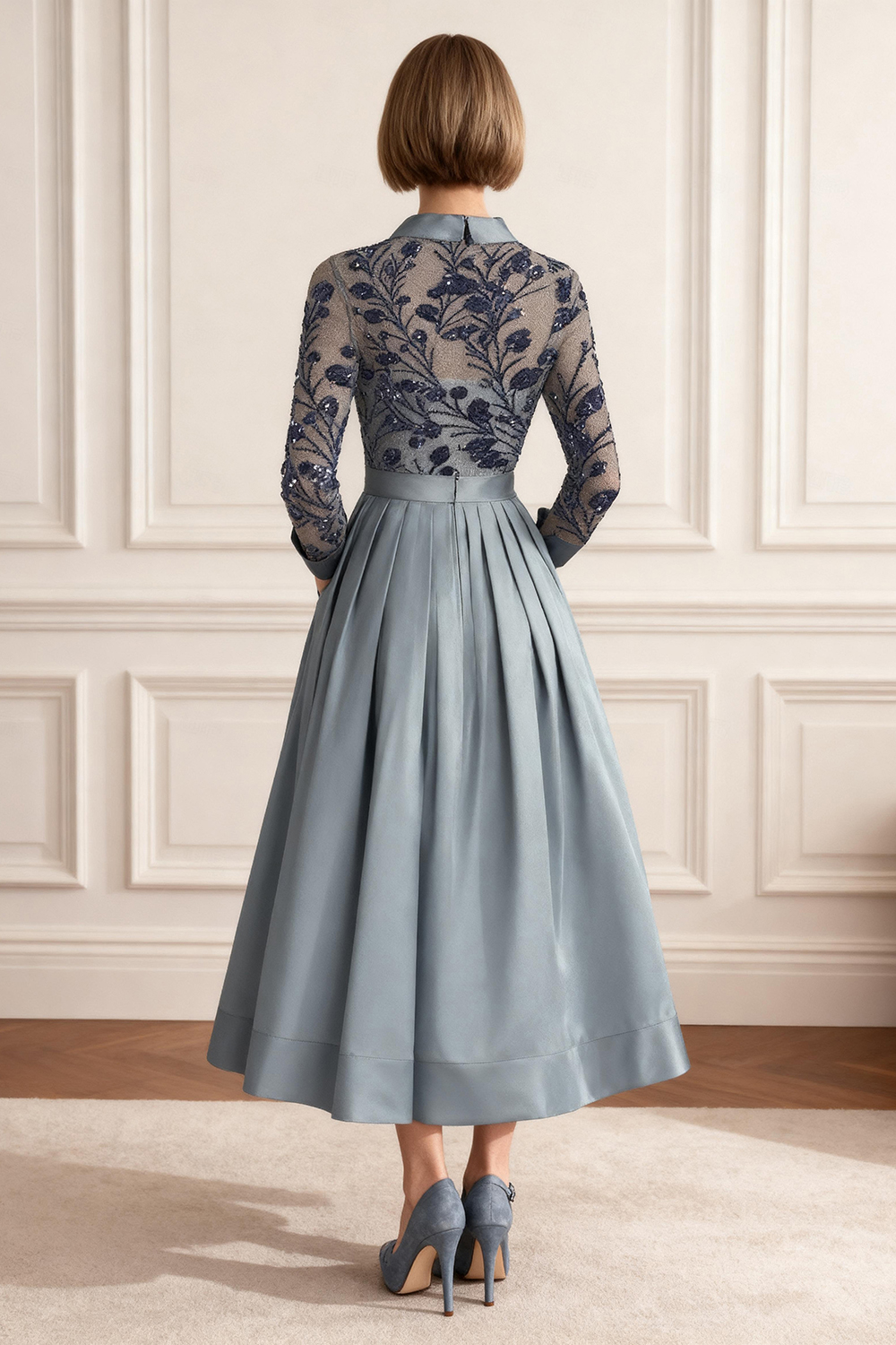 Light Grey A Line Lapel Ruffled Ankle-Length Mother of the Bride Dress with Lace