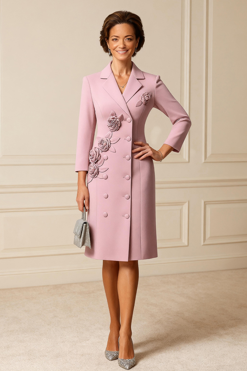 Dusty Rose Floral Pencil 2 Piece Knee-Length Mother of the Bride Blazer Dress with Jacket