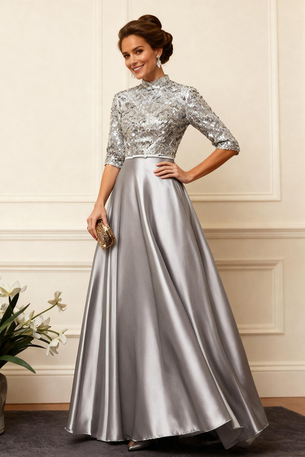 Sparkly Grey Sequins Satin A Line Floor-Length Mother of the Bride Dress