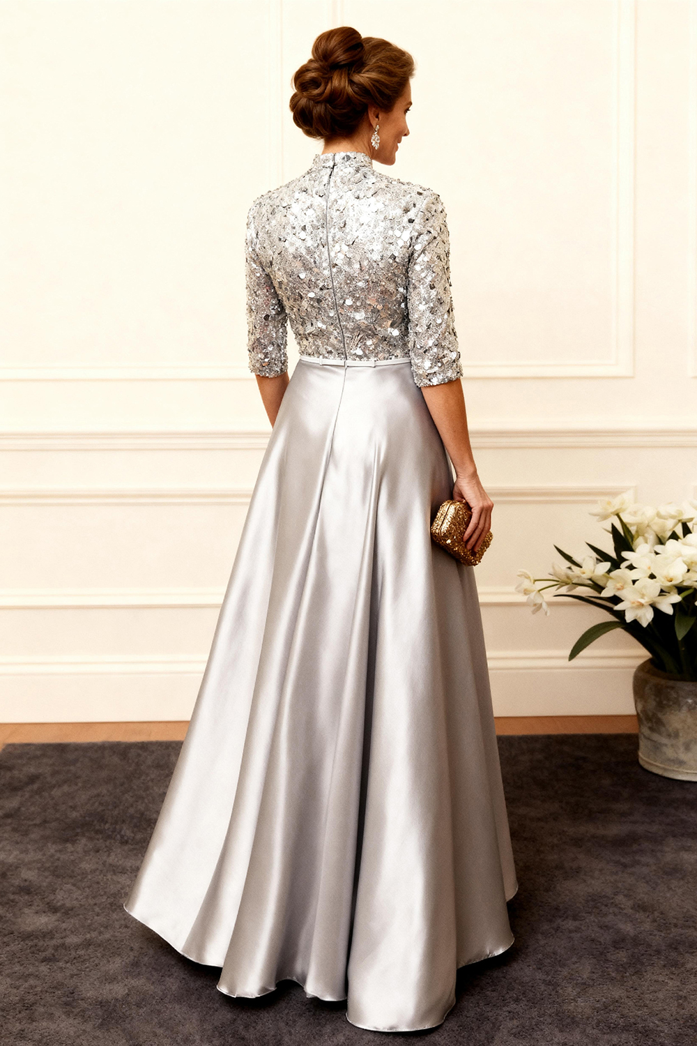 Sparkly Grey Sequins Satin A Line Floor-Length Mother of the Bride Dress