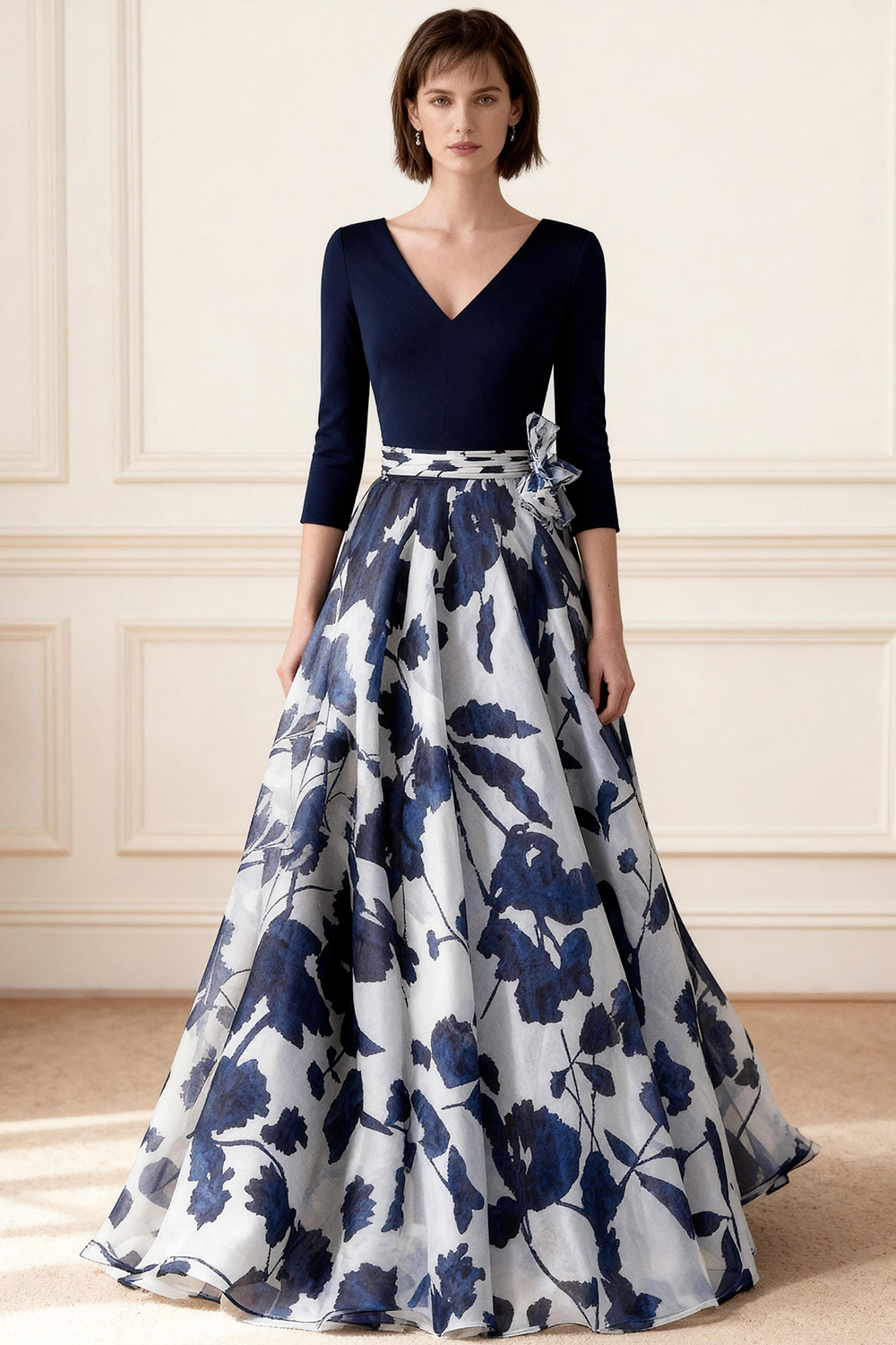 Dark Navy Floral A Line Floor-length Mother of the Bride Dress with Bow