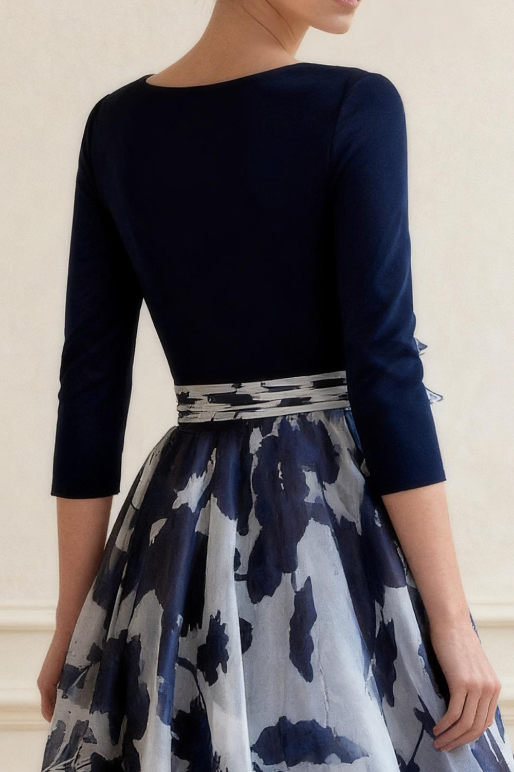 Dark Navy Floral A Line Floor-length Mother of the Bride Dress with Bow