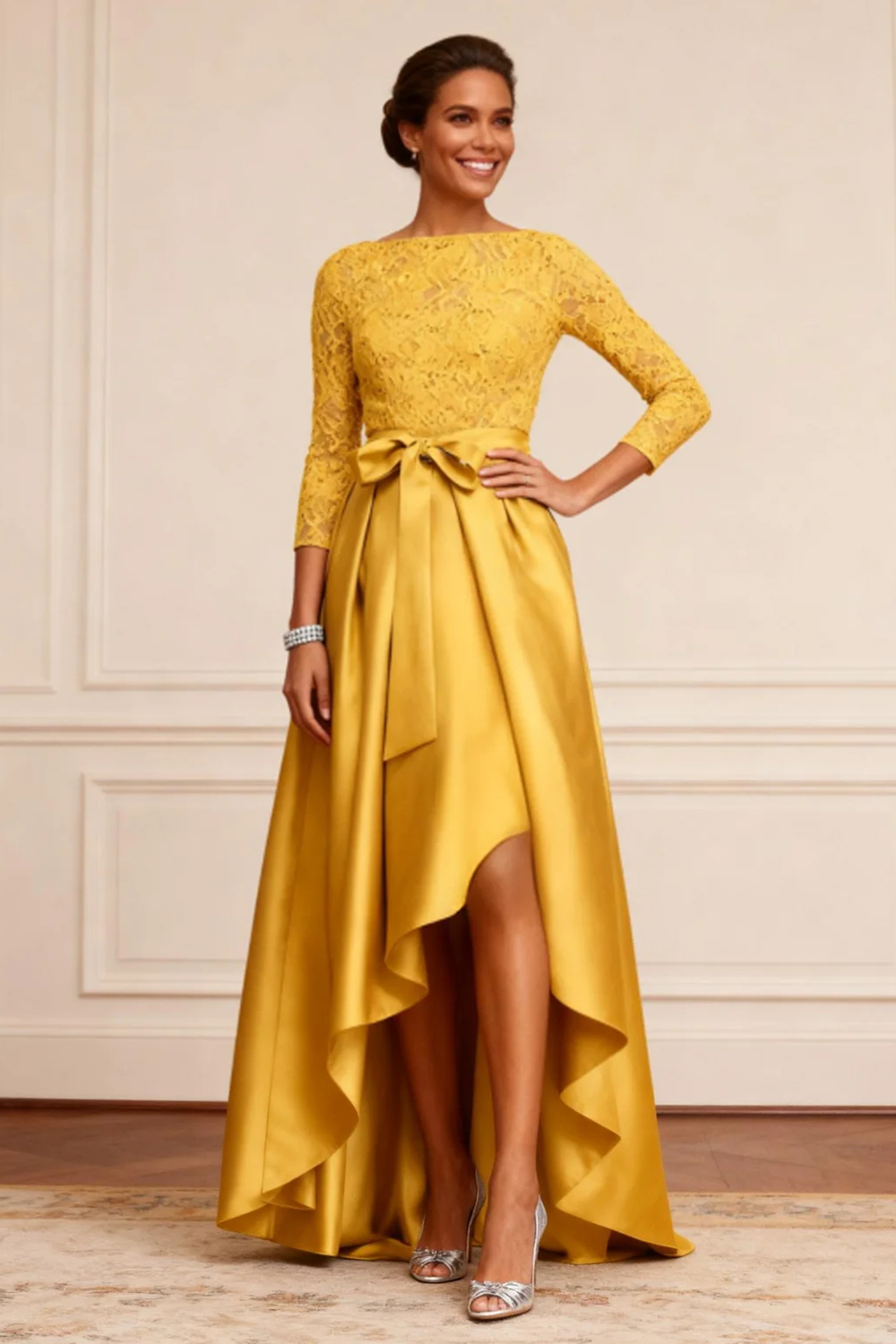 Gold Satin A Line High-Low Mother of the Bride Dress with Lace