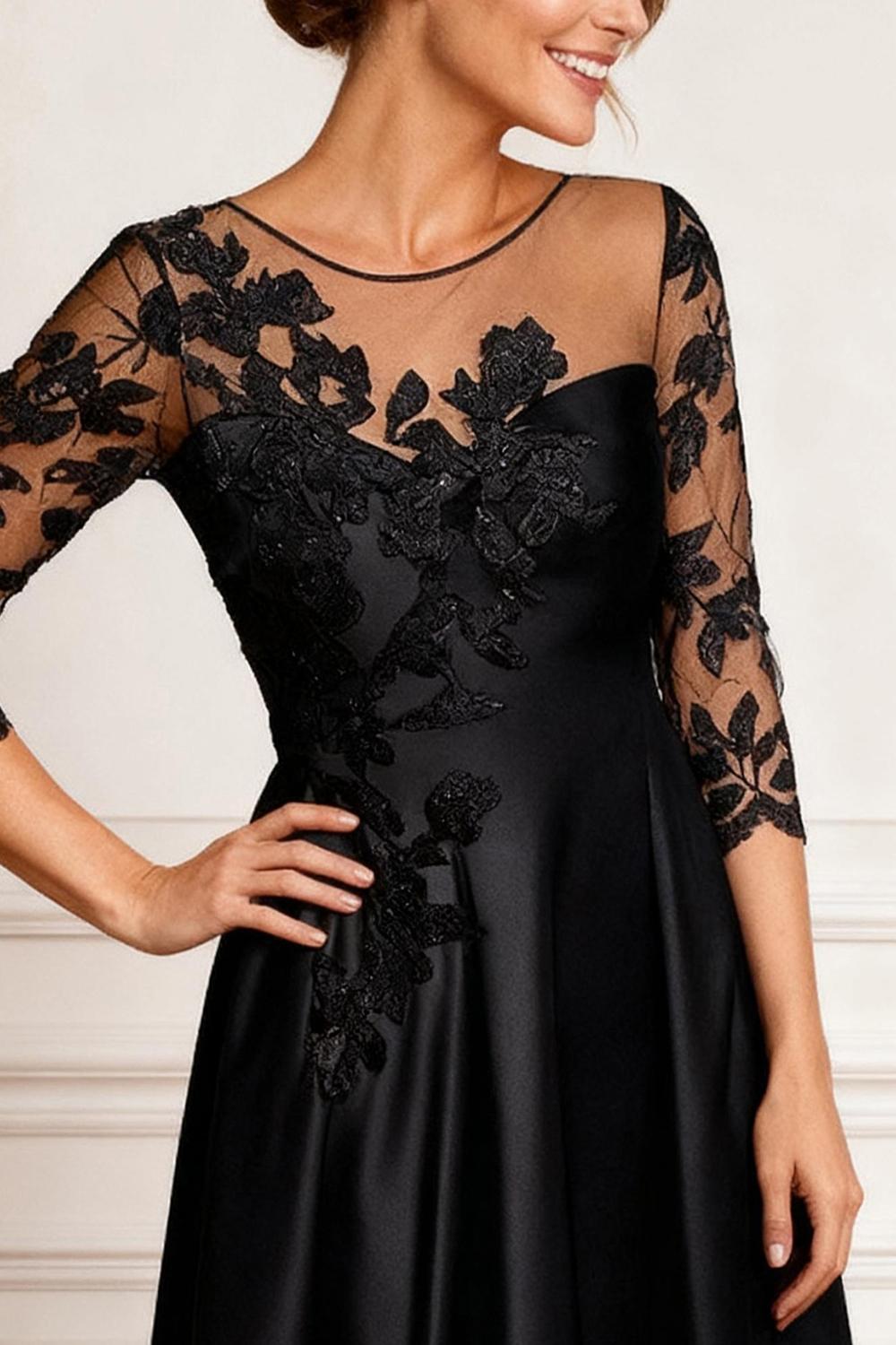 Black A Line Ruffled Tea-Length Mother of the Bride Dress with Lace