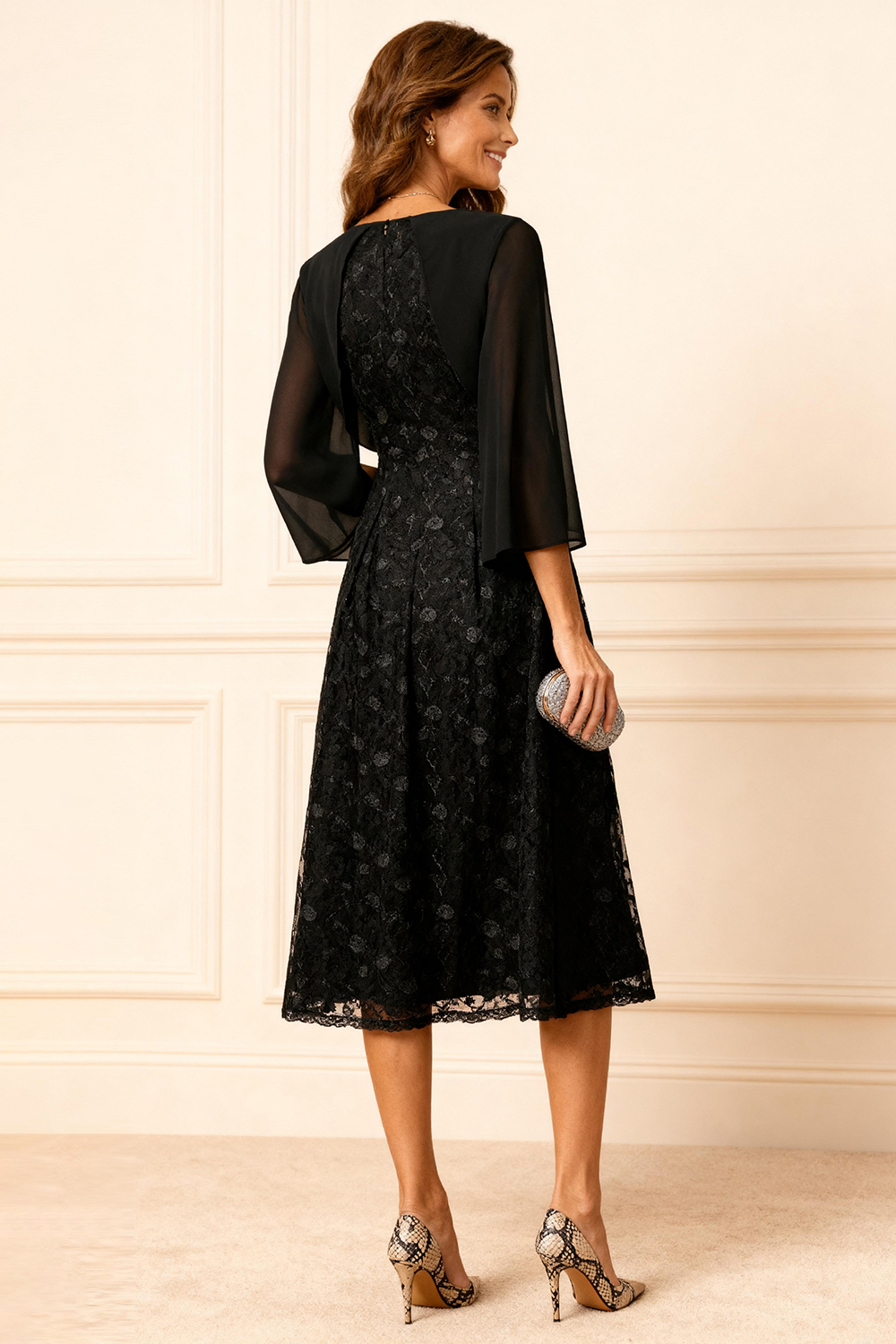Black Lace A Line Boat Neck Tea-Length Mother of the Bride Dress