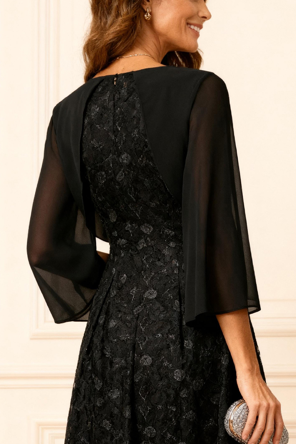 Black Lace A Line Boat Neck Tea-Length Mother of the Bride Dress