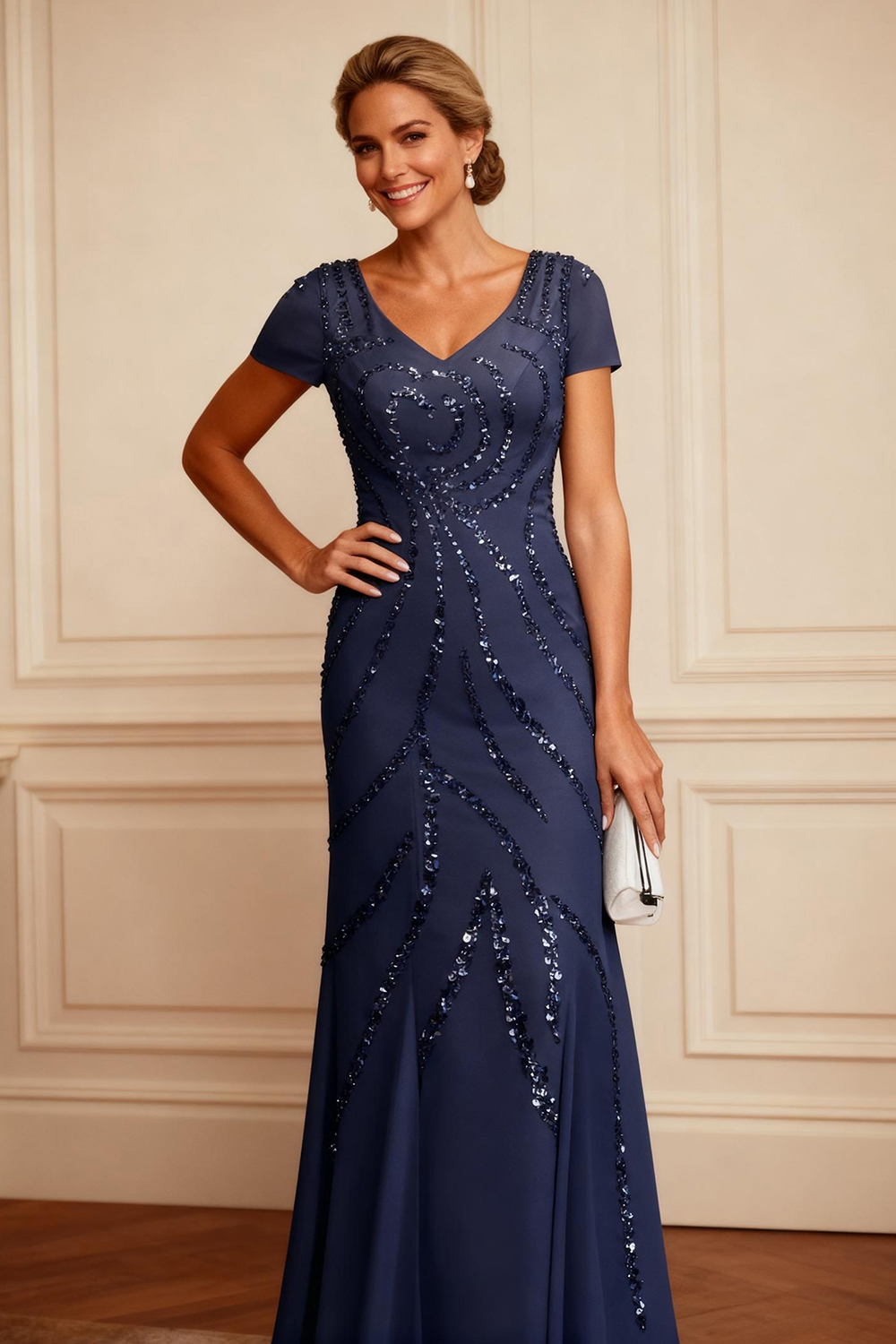 Sparkly Dark Navy Sequins Mermaid 2 Piece Floor-Length Mother of the Bride Dress with Jacket