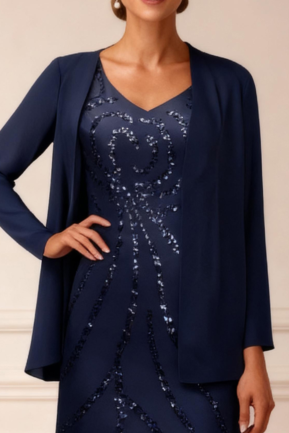 Sparkly Dark Navy Sequins Mermaid 2 Piece Floor-Length Mother of the Bride Dress with Jacket
