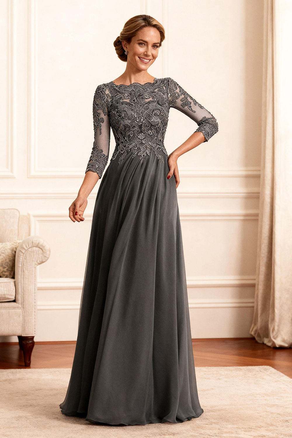 Dark Grey A Line Boat Neck Floor-Length Mother of the Bride Dress with Lace