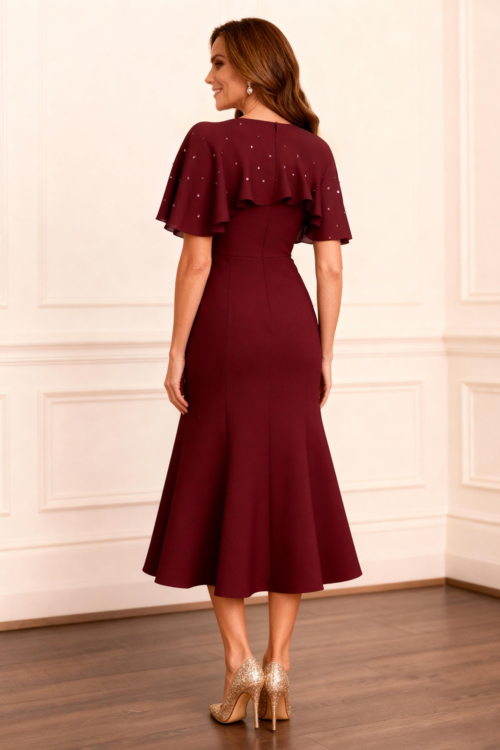 Sparkly Terracotta Beaded Mermaid Tea-Length Mother of the Bride Dress with Feathers