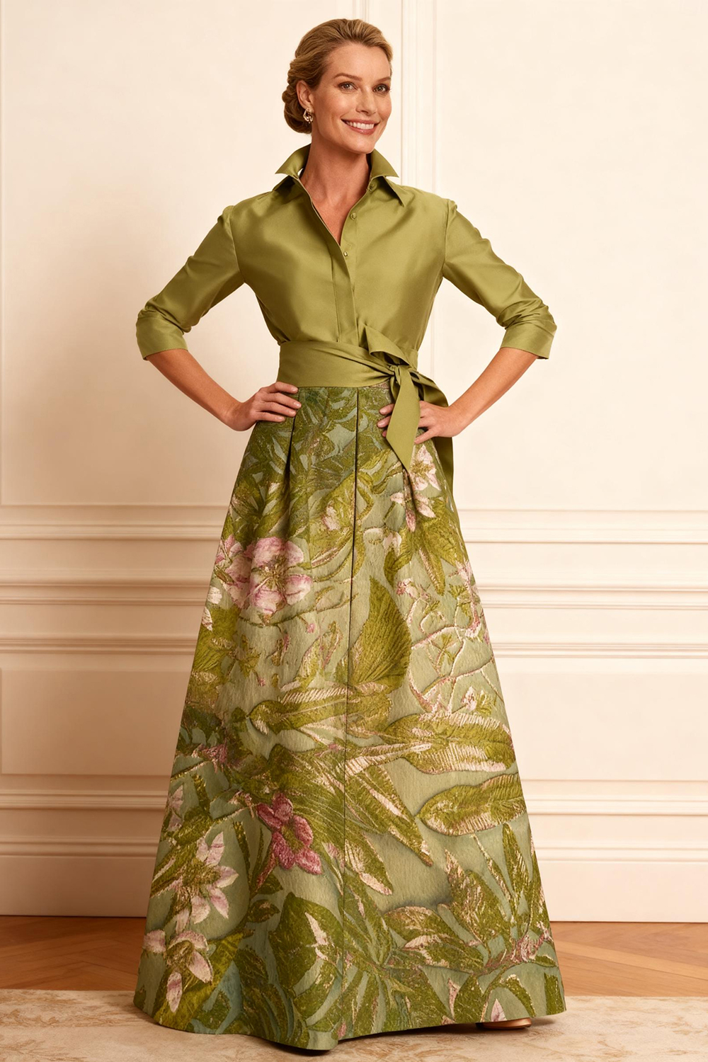 Dusty Sage A Line Embroidery Floor-Length Mother of the Bride Dress with Bow