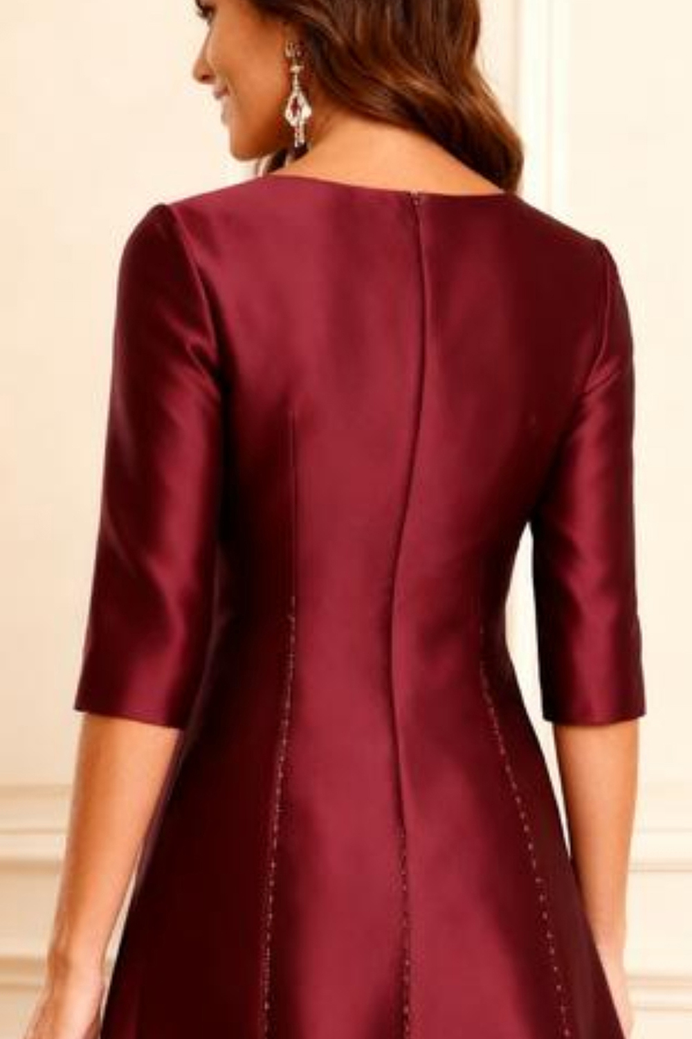 Sparkly Burgundy A Line Satin Tea-Length Mother of the Bride Dress with Beading